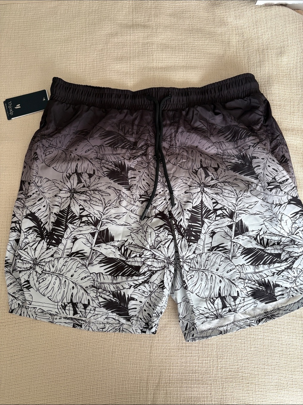 Tropical Mens Swim Shorts - Black & Light Gray Floral Print size 2XL